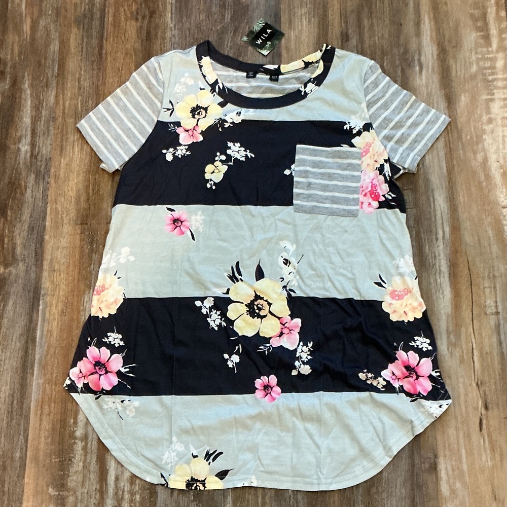 WILA Short Sleeve Floral Stripe Tee - Black, Gray, Pink, Yellow